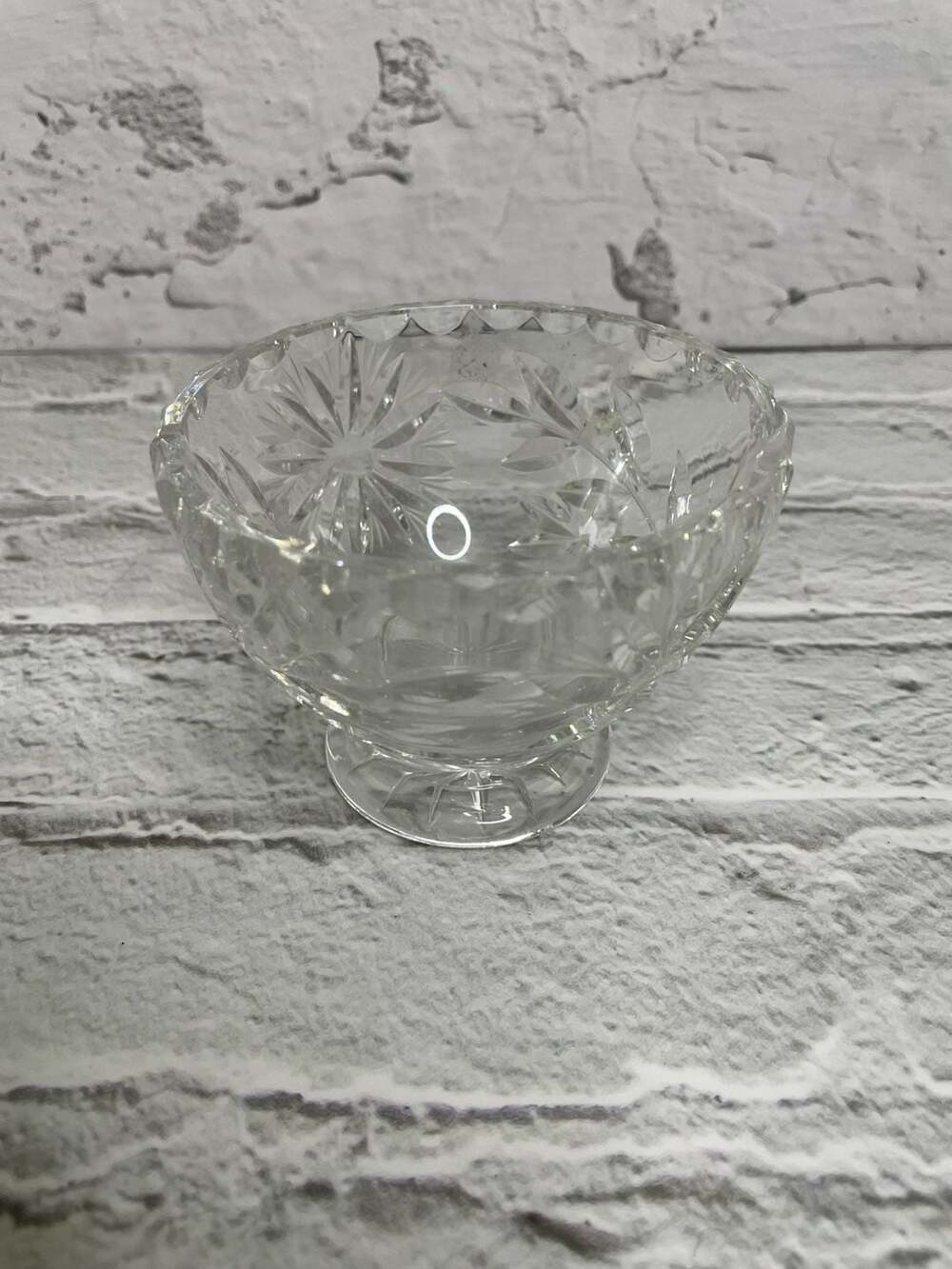 Vintage Cut Crystal Footed Pedestal Bowl with Star and Leaf Pattern